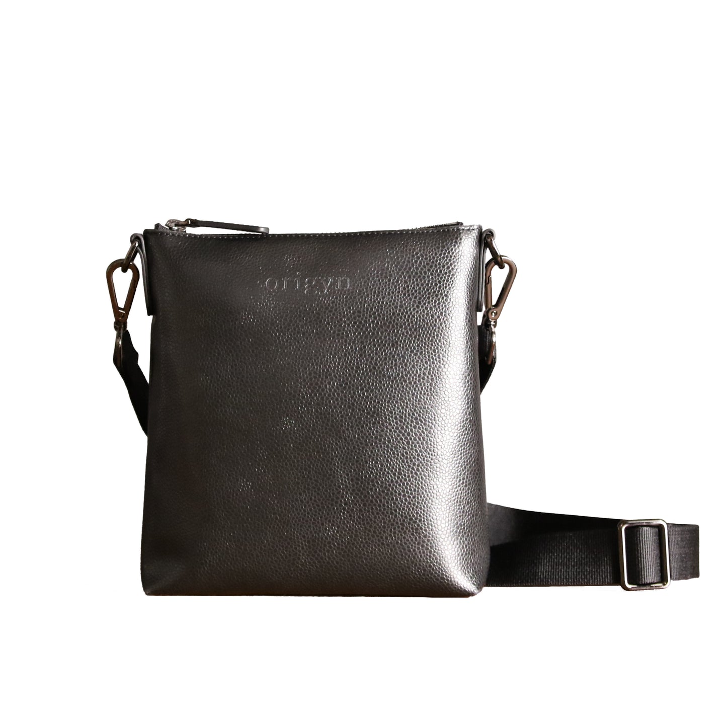 Black leather crossbody bag with visible brand logo on a white background